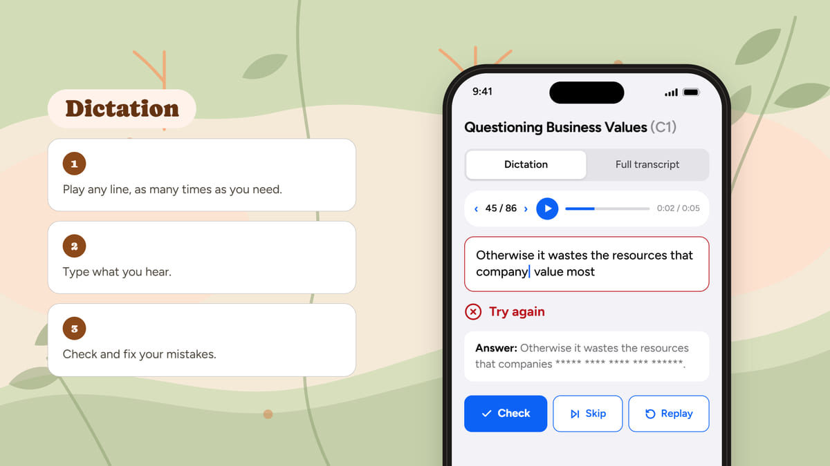 HiBeaver Dictation: play any line, type what you hear, then check and fix your mistakes
