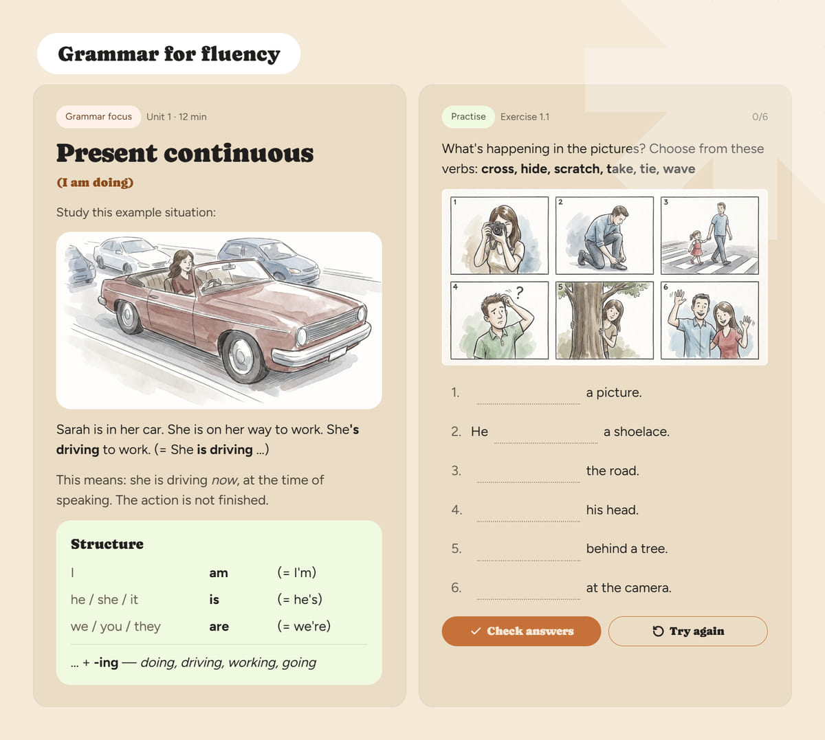HiBeaver Grammar for fluency: a present continuous lesson beside a picture-prompt exercise