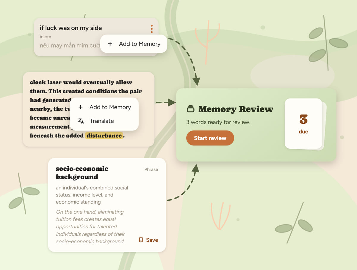 Four HiBeaver screens showing phrases saved from different learning activities and a Memory Review card